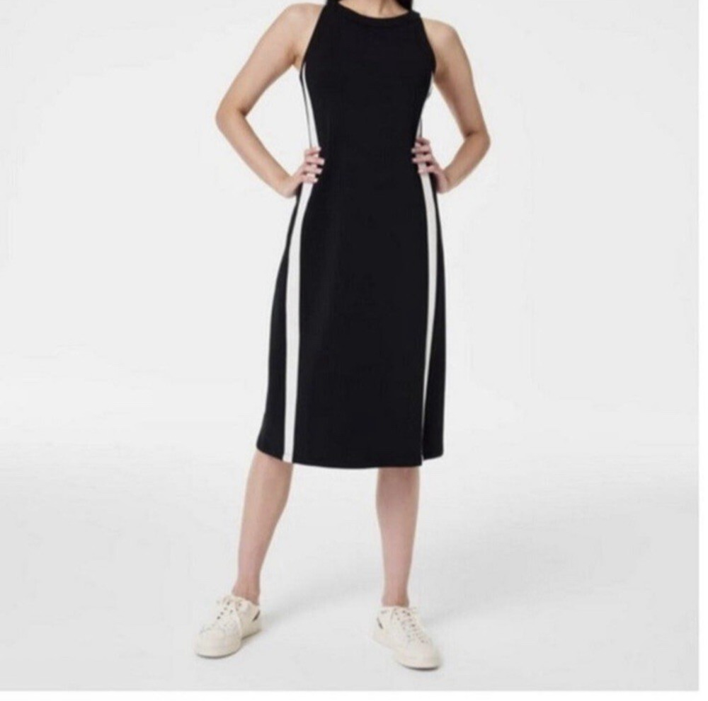 SPANX AirEssentials Sleeveless Midi Tank Dress Sz S Black Side Stripe Slimming
